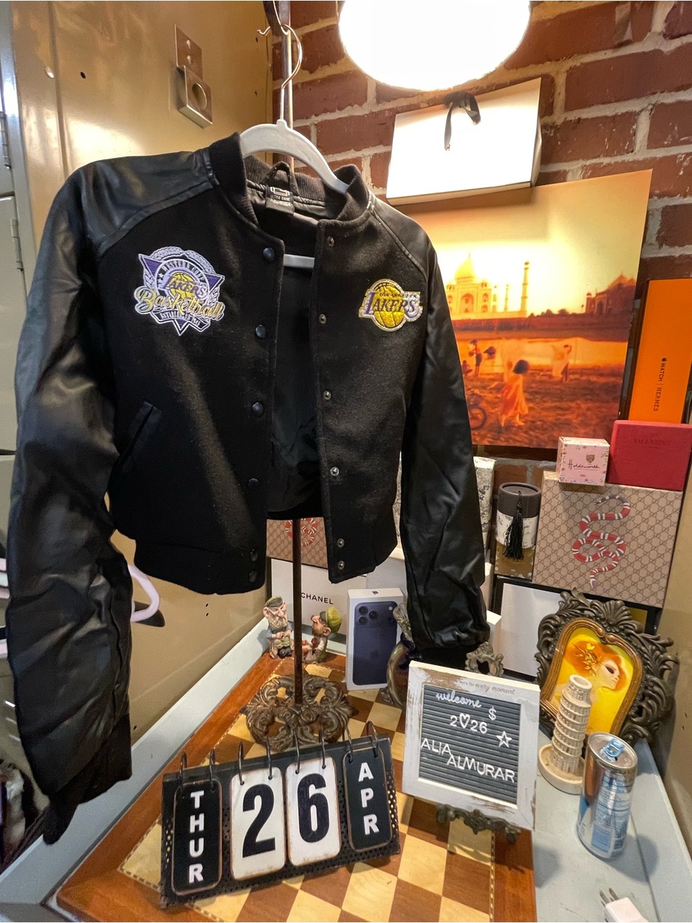 Lakers Cropped Letterman Jacket - Black